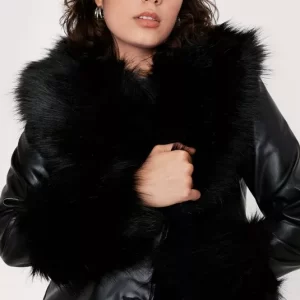 Black Fur Collar Leather Jacket For Women