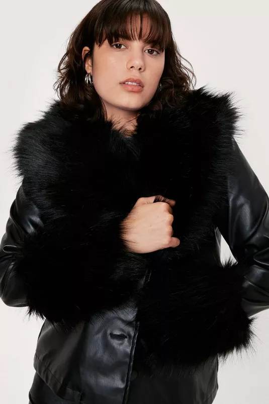 Black Fur Collar Leather Jacket For Women