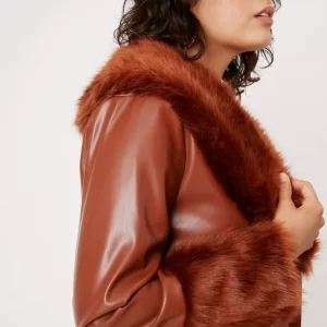 Brown Fur Collar Leather Jacket For Women