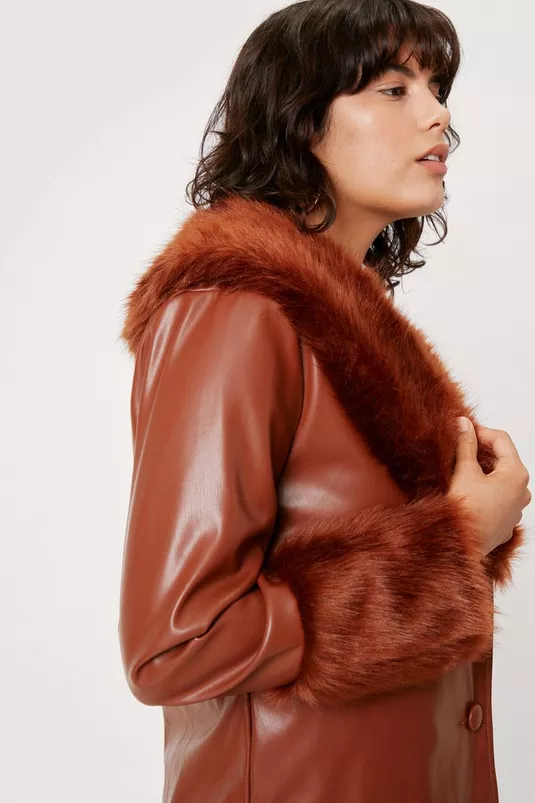 Brown Fur Collar Leather Jacket For Women