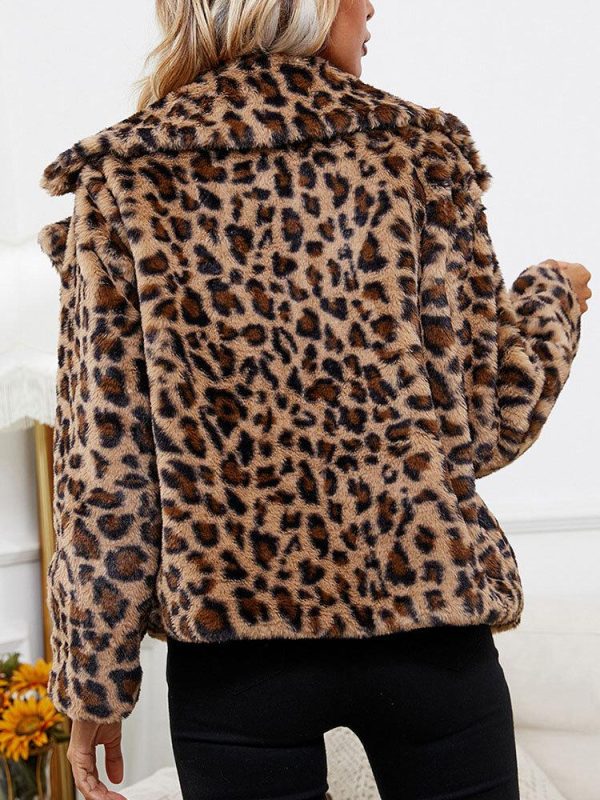 Leopard Pattern Faux Fur Lapel Long Sleeve Open Front Coat
