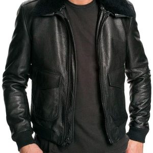 Mens Air Force Leather Bomber Jacket Fur Collar Black