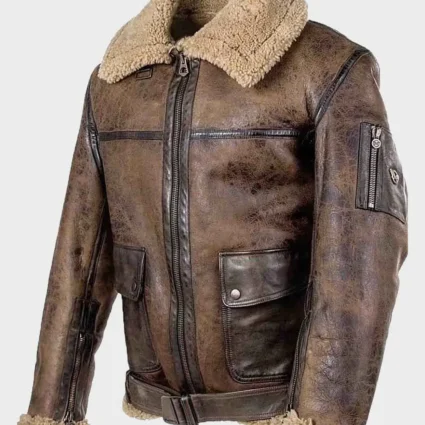 Mens Brown Shearling Distressed Leather Jacket