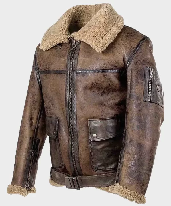 Mens Brown Shearling Distressed Leather Jacket
