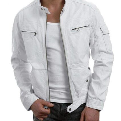 Mens Slimfit White Biker Leather Jacket