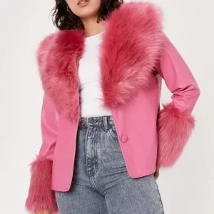 Pink Fur Collar Leather Jacket For Women