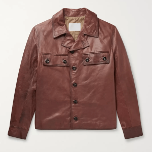 The King's Man Retro-Style Camp Collar Burnished Leather Jacket