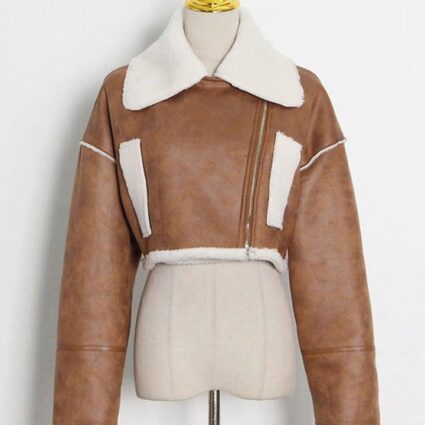 Women's Brown Shearling Crop Leather Jacket