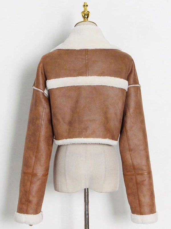 Women's Brown Shearling Crop Leather Jacket