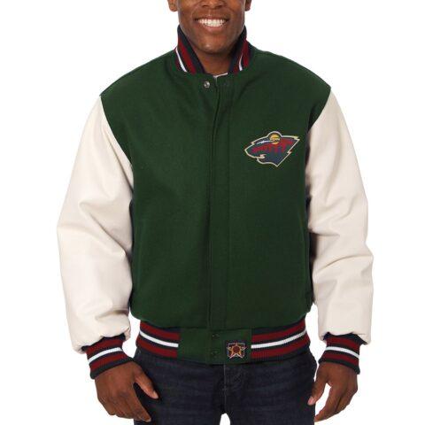 Men’s Minnesota Wild JH Design Green Two-Tone Letterman Jacket