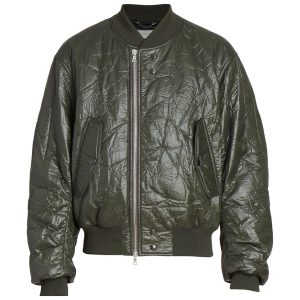 With the creative director's reexamination of classic menswear shapes and textures, this bomber jacket embodies the idea through its unique padded crinkle-shell fabrication.