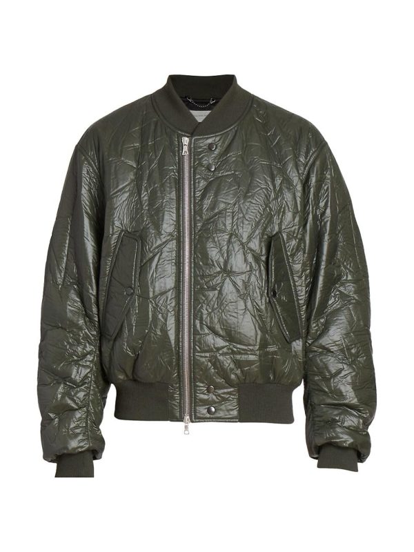 With the creative director's reexamination of classic menswear shapes and textures, this bomber jacket embodies the idea through its unique padded crinkle-shell fabrication.