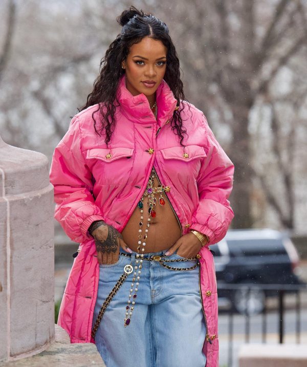 Rihanna Pink Silk Puffer Coat With Gripoix Buttons