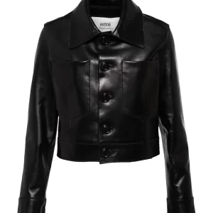 Women's Cropped Leather Jacket - AMI PARIS