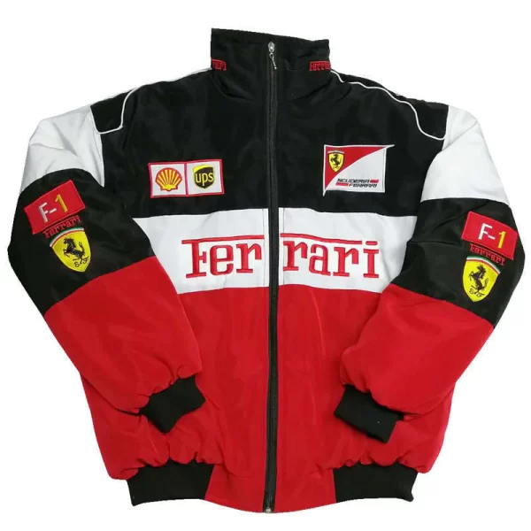 The iconic style of the jacket the team wore in its heyday! Layer up with the Ferrari Team bomber jacket, featuring embroidered team and sponsor logos.