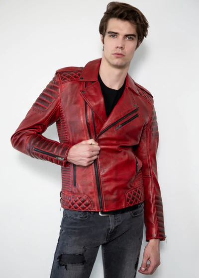 Mens Quilted Red Leather Motorcycle Jacket