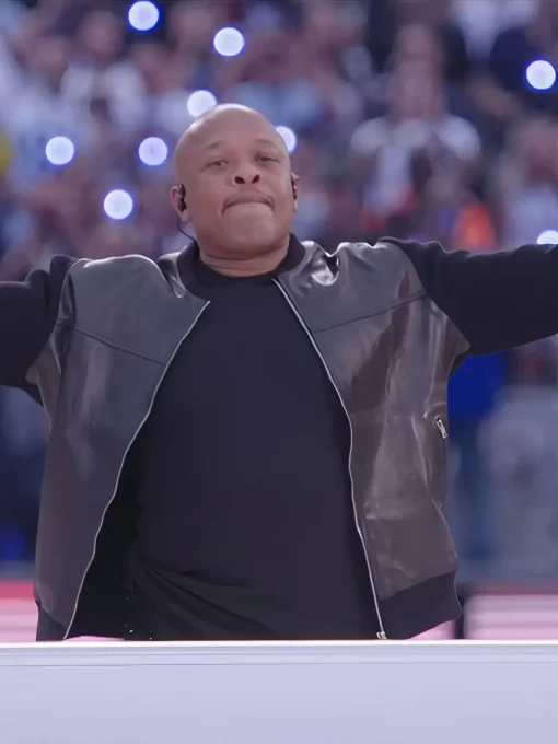Super Bowl LVI Halftime Show Dr Dre Black Leather Bomber Jacket