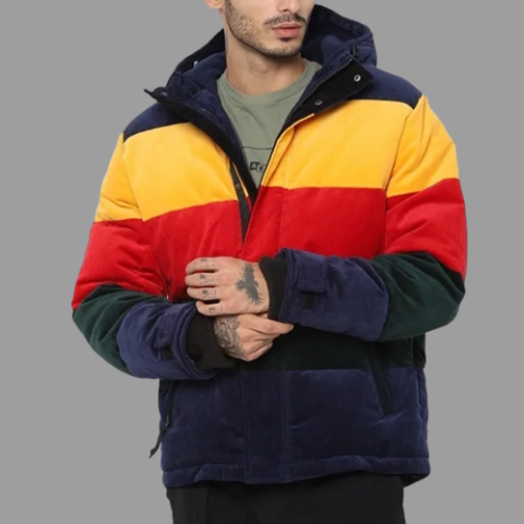 American Eagle Men Multi-Colored Colourblock Corduroy Puffer Jacket
