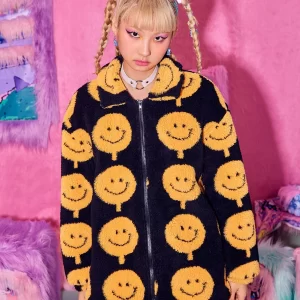 Luke Hemmings Smiley Pattern Zip Up Teddy Jacket