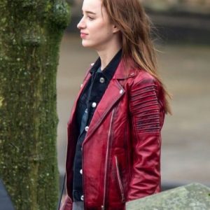 Bank of Dave Phoebe Dynevor Red Leather Jacket