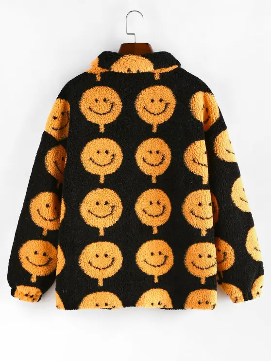 Smiley Pattern Zip Up Teddy Jacket