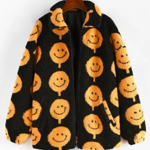 Smiley Pattern Zip Up Shearling Teddy Jacket