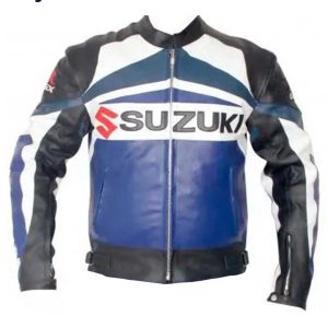 Suzuki GSXR Motorcycle Blue and Black Leather Jacket