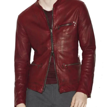 Men’s Casual Red Burnished Dual Zipper leather Jacket