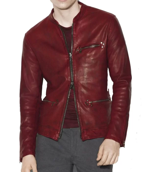 Men’s Casual Red Burnished Dual Zipper leather Jacket