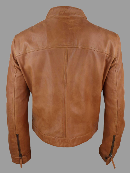 Mens Classic Casual Genuine Leather Style Biker Jacket Collarless Retro back