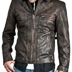 Men’s Zip Up Shirt Collar Distressed Brown Leather Jacket