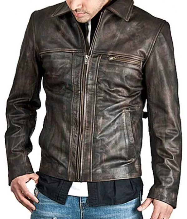 Men’s Zip Up Shirt Collar Distressed Brown Leather Jacket
