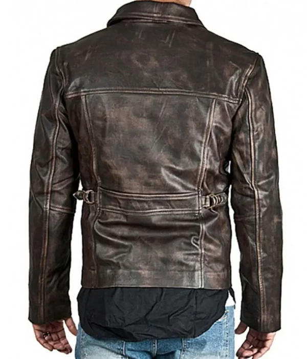 Men’s Zip Up Shirt Collar Distressed Brown Leather Jacket back