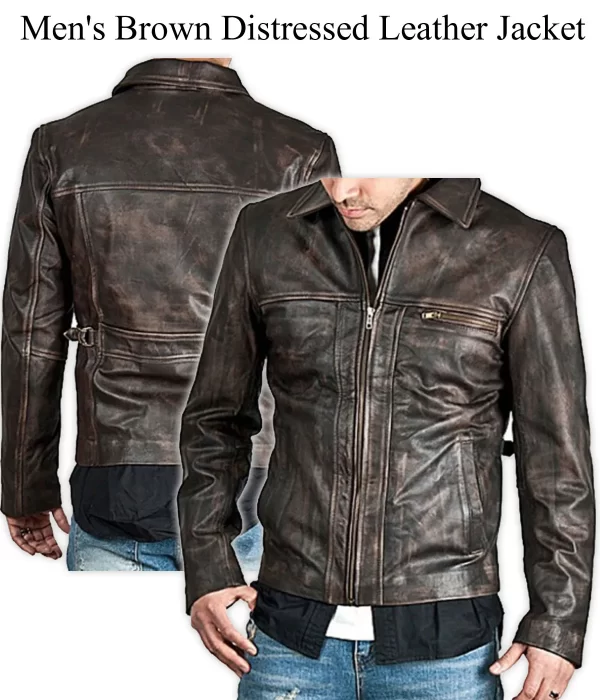 Men’s Zip Up Shirt Collar Distressed Brown Leather Jackets
