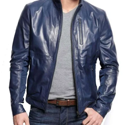 Men’s Stand Collar Casual Navy Blue genuine Leather Jacket