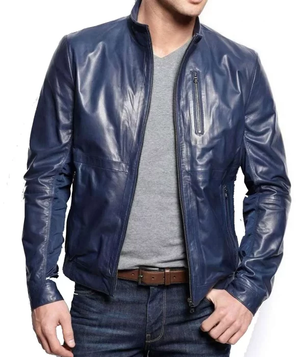 Men’s Stand Collar Casual Navy Blue genuine Leather Jacket