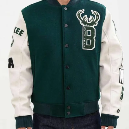 Letterman Milwaukee Bucks Green and White Jacket