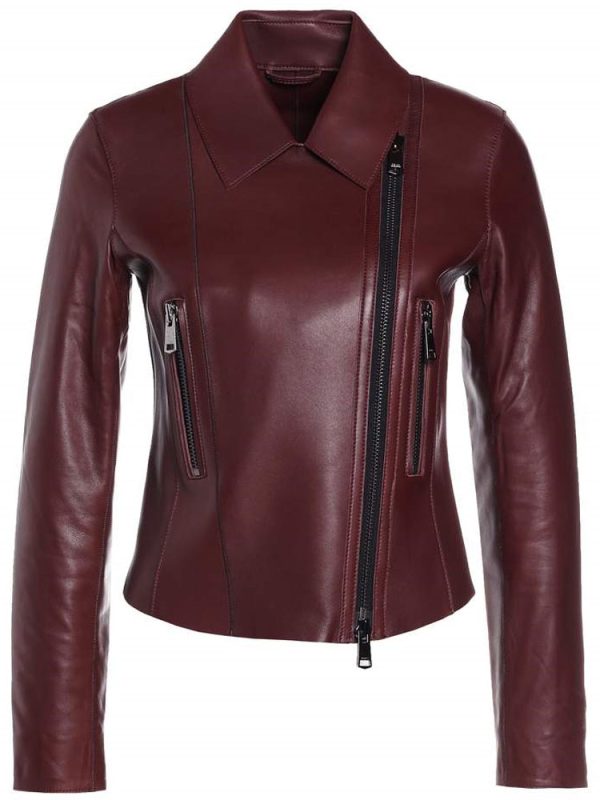 Designer Asymmetrical Biker Burgundy Leather Jacket