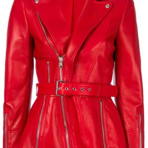 Belted Blazer Style Motorcycle Red Leather Jacket