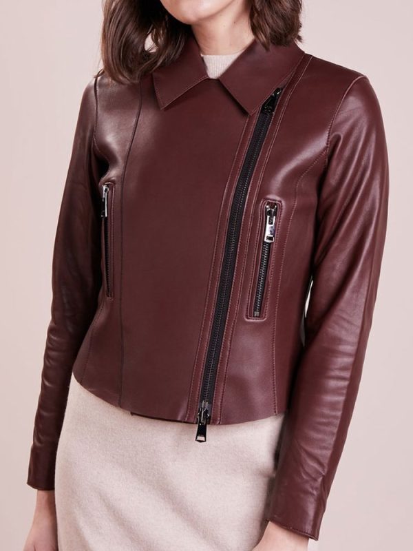Women’s HJ266 Designer Asymmetrical Biker Burgundy Leather Jacket