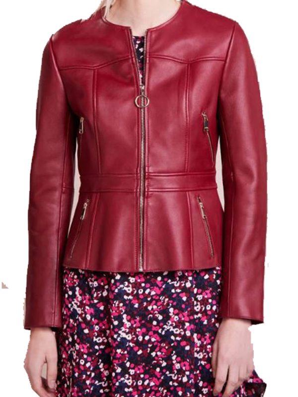 Women’s HJ211 Collarless Zipper Pockets Red Leather Jacket