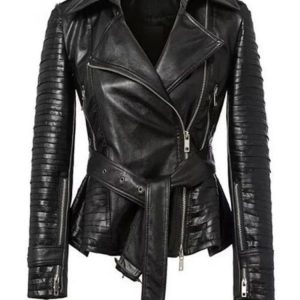 Asymmetrical Belted Black Leather Jacket