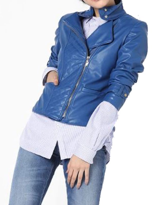 Women’s HJ577 Designer Motorcycle Quilted Leather Blue Jacket