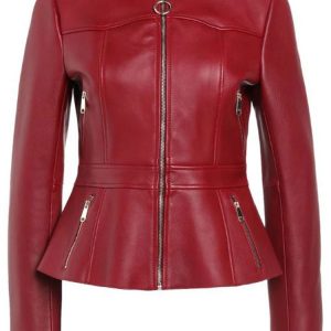 Collarless Zipper Pockets Red Leather Jacket