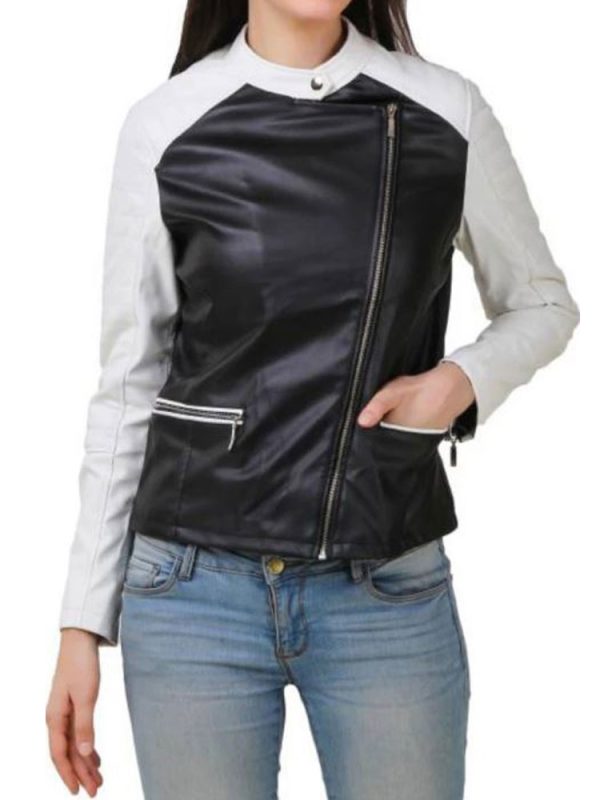 Women’s HJ397 White and Black Leather Motorcycle Jacket