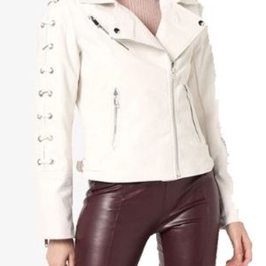 Women’s HJ556 Designer Laces Motorcycle White Leather Jacket