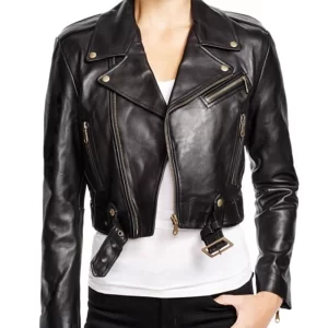 Women’s Asymmetrical Cropped Black Leather Biker Jacket