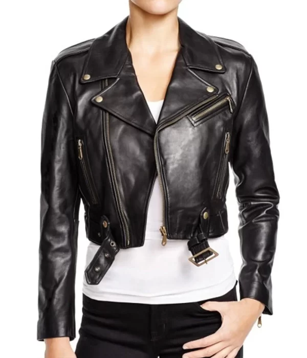 Women’s Asymmetrical Cropped Black Leather Biker Jacket