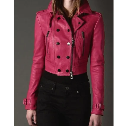 Women’s Cropped Fuchsia Leather Biker Pink Jacket