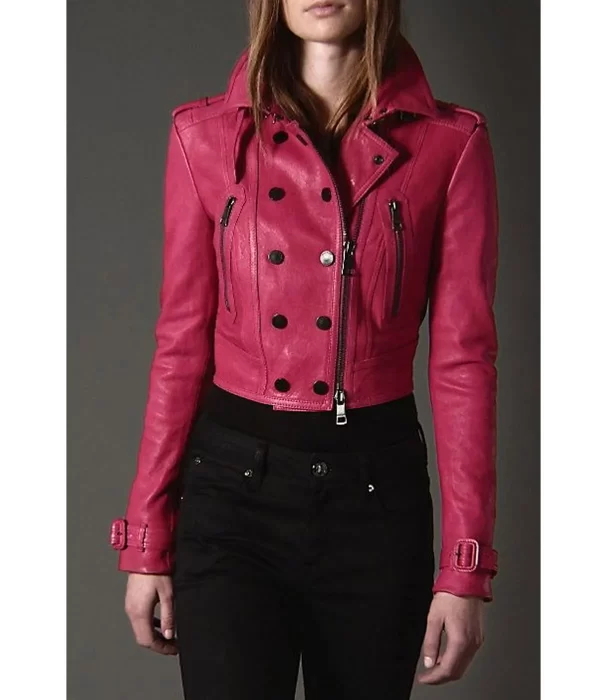 Women’s Cropped Fuchsia Leather Biker Pink Jacket